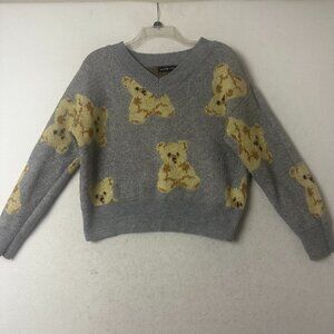 Social Scene Sweater sz M‎ Teddy Bears cropped Cozy Fall Cottagecore gray v neck